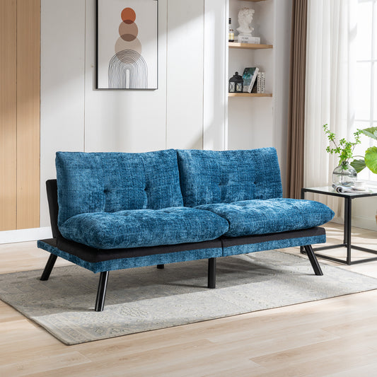 Convertible Sofa Bed Loveseat Futon Bed Breathable Adjustable Lounge Couch with Metal Legs: Compact Chenille-Blue Futon Sets for Small Living Spaces