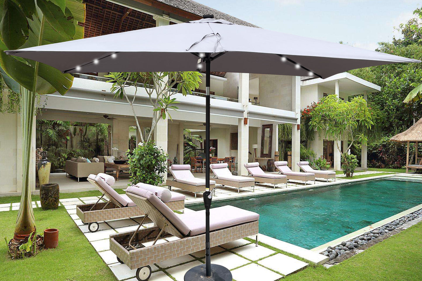 10 x 6.5t Rectangular Patio Solar LED Lighted Outdoor Umbrellas with Crank and Push Button Tilt - Ideal for Garden, Backyard, and Pool Areas - Available in Various Colors and Sizes