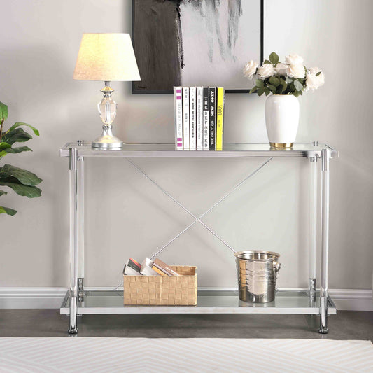 43.31'' Chrome Glass Sofa Table: Acrylic Side Console for Living Room & Bedroom - Elegant and Versatile Furniture Piece with Generous Size