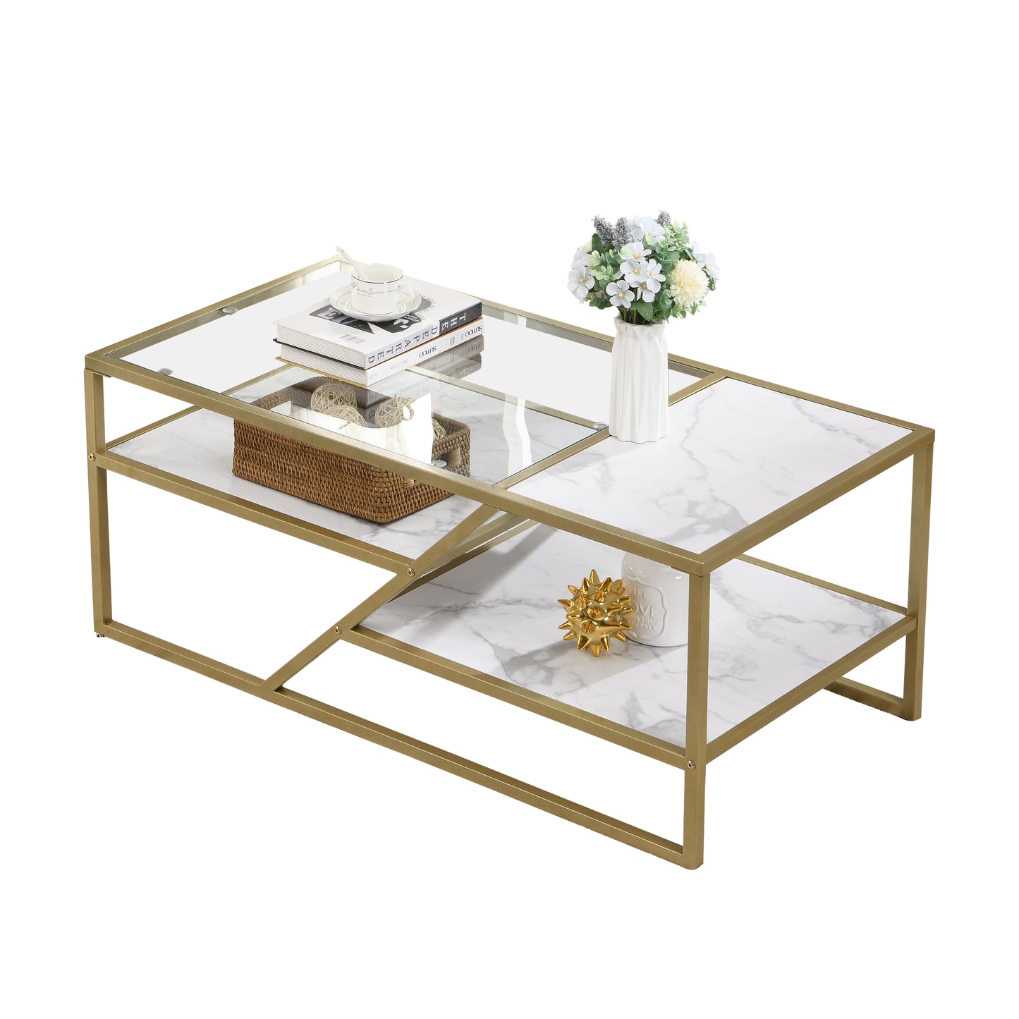 Golden Coffee Table with Storage Shelf - Tempered Glass & Metal Frame - Ideal for Living Room & Bedroom - Stylish and Functional Furniture for Home Décor - Available in Various Sizes and Colors