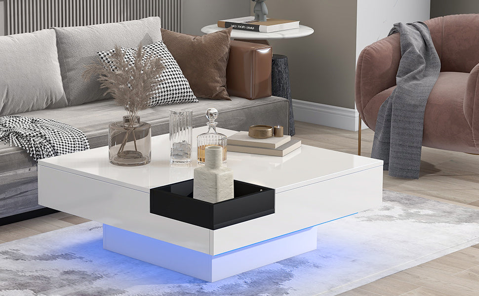 ON-TREND Modern Minimalist Design Square Coffee Table with Detachable Tray & Plug-in LED Strip Lights Remote Control for Living Room - 31.5*31.5in, 16-color