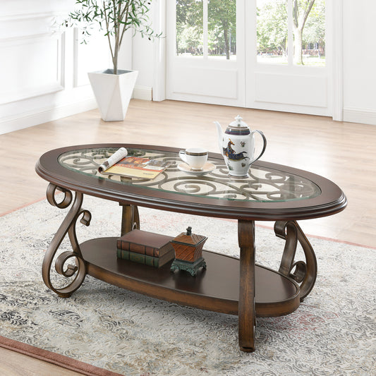 Coffee Table with Glass Top & Powder Coat Finish Metal Legs, Dark Brown, 52.5"X28.5"X19.5"