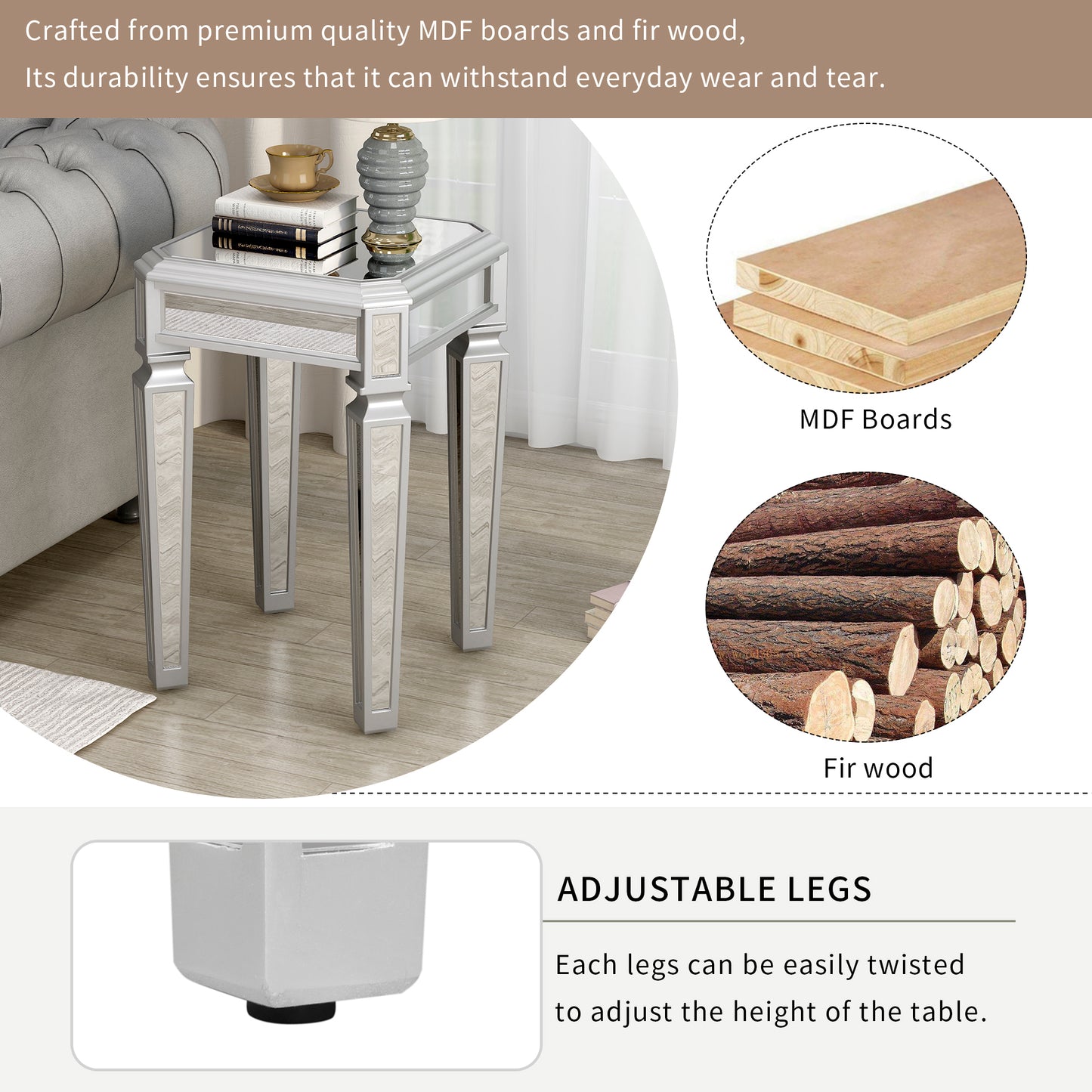 ON-TREND Modern Glass Mirrored End Table with Versatile Design, Easy Assembly Side Table, Luxury Exterior, Sleek Corner Table with Adjustable Legs for Living Room, Bedroom, Silver