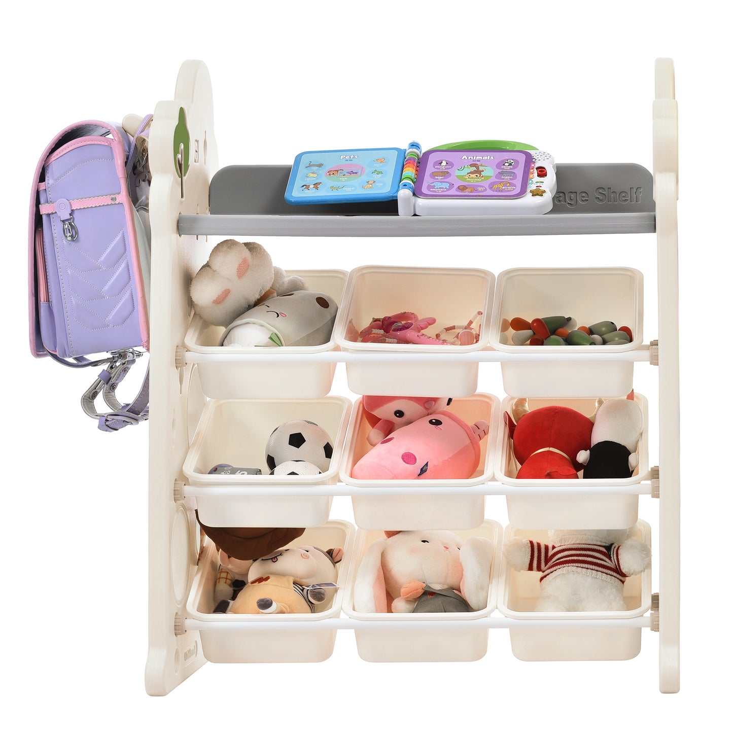 Kids Bookshelf Toy Storage Organizer with 12 Bins and 4 Bookshelves, Multi-functional Nursery Organizer Kids Furniture Set Toy Storage Cabinet Unit with HDPE Shelf (220 letters)