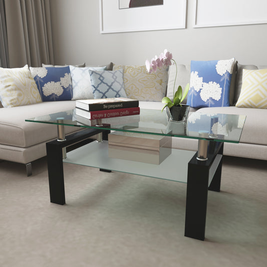 Rectangle Black Glass Coffee Table - Modern Side Center Table for Living Room, Clear, Sleek Design, Living Room Furniture