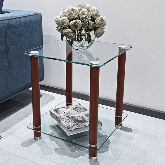 1-Piece Transparent+Walnut Side Table, 2-Tier Space End Table: Modern Night Stand, Sofa Table, Side Table with Storage Shelve