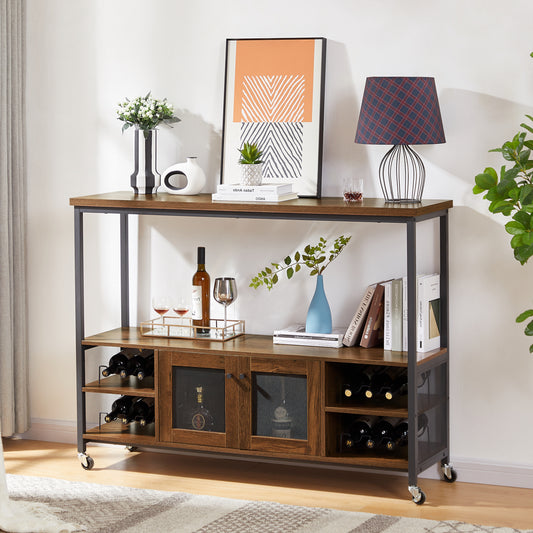 Wine Shelf Table: Modern Bar Cabinet, Console Table, TV Cabinet, Sideboard with Storage | Hazelnut Brown | Living Room, Dining Room, Kitchen, Entryway, Hallway