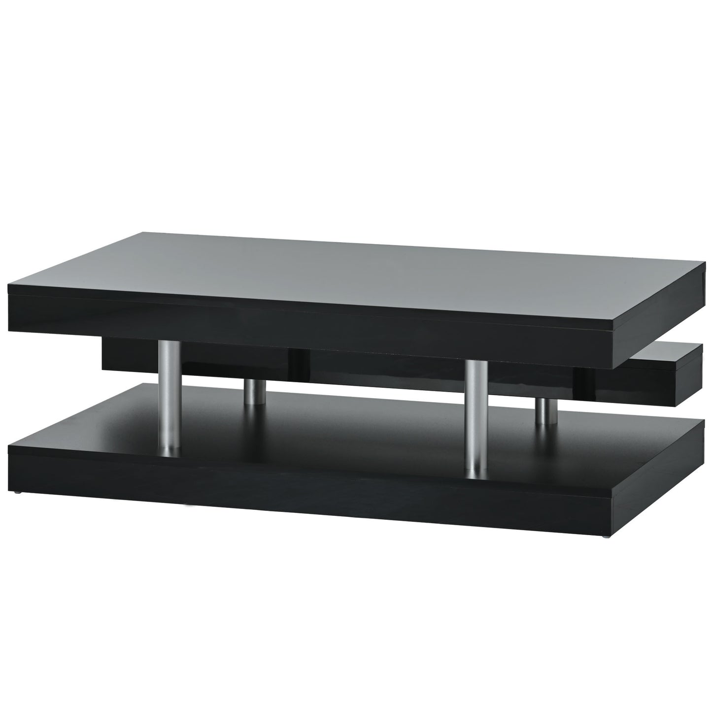 ON-TREND 2-Tier Coffee Table, Silver Metal Legs, High-gloss UV Surface, Minimalist Design, Living Room Center Table, Black Rectangle Cocktail Table