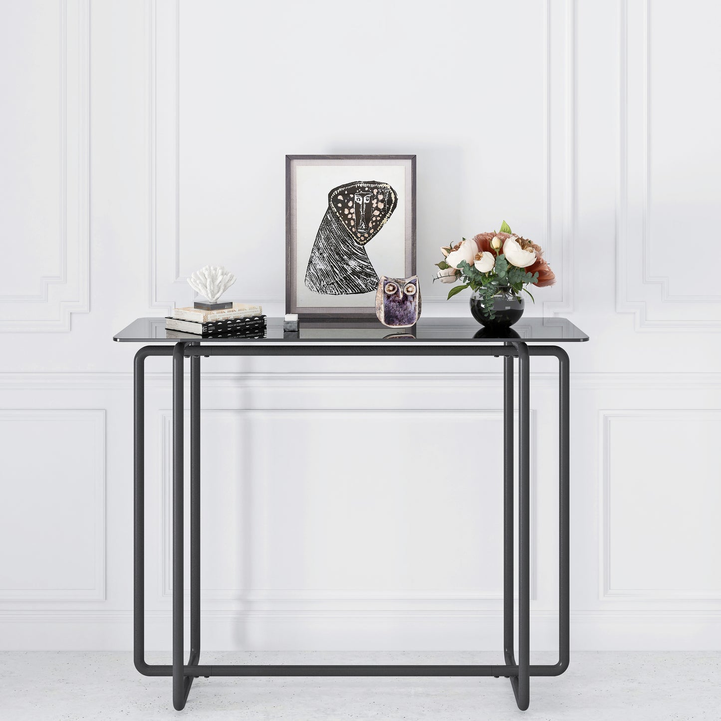 Console Table - Single Layer Tempered Glass Rectangular Porch Table with Black Legs - Double Tempered Glass Tea Table, Black