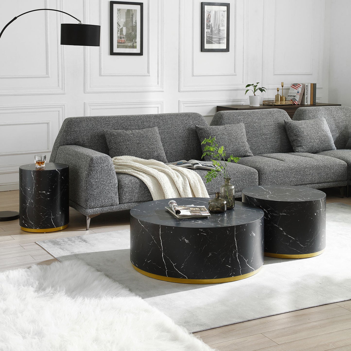Modern Faux Marble Coffee Tables: 35.43inch Accent Tea Tables with Gold Metal Base in Black Color
