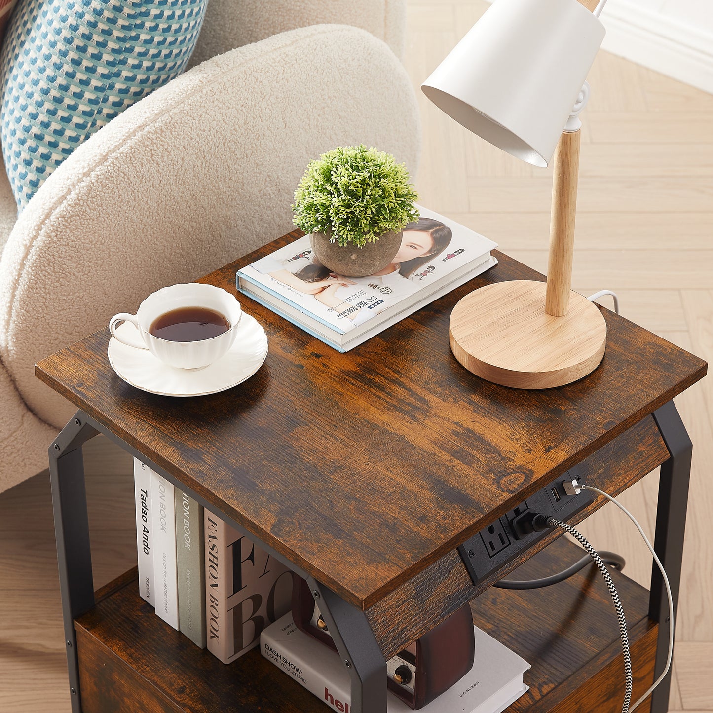 End Table with Charging Station, Drawers & Bedside Functionality for Bedroom - Rustic Brown, 17.3’’W*17.9’’D*21.2’’H