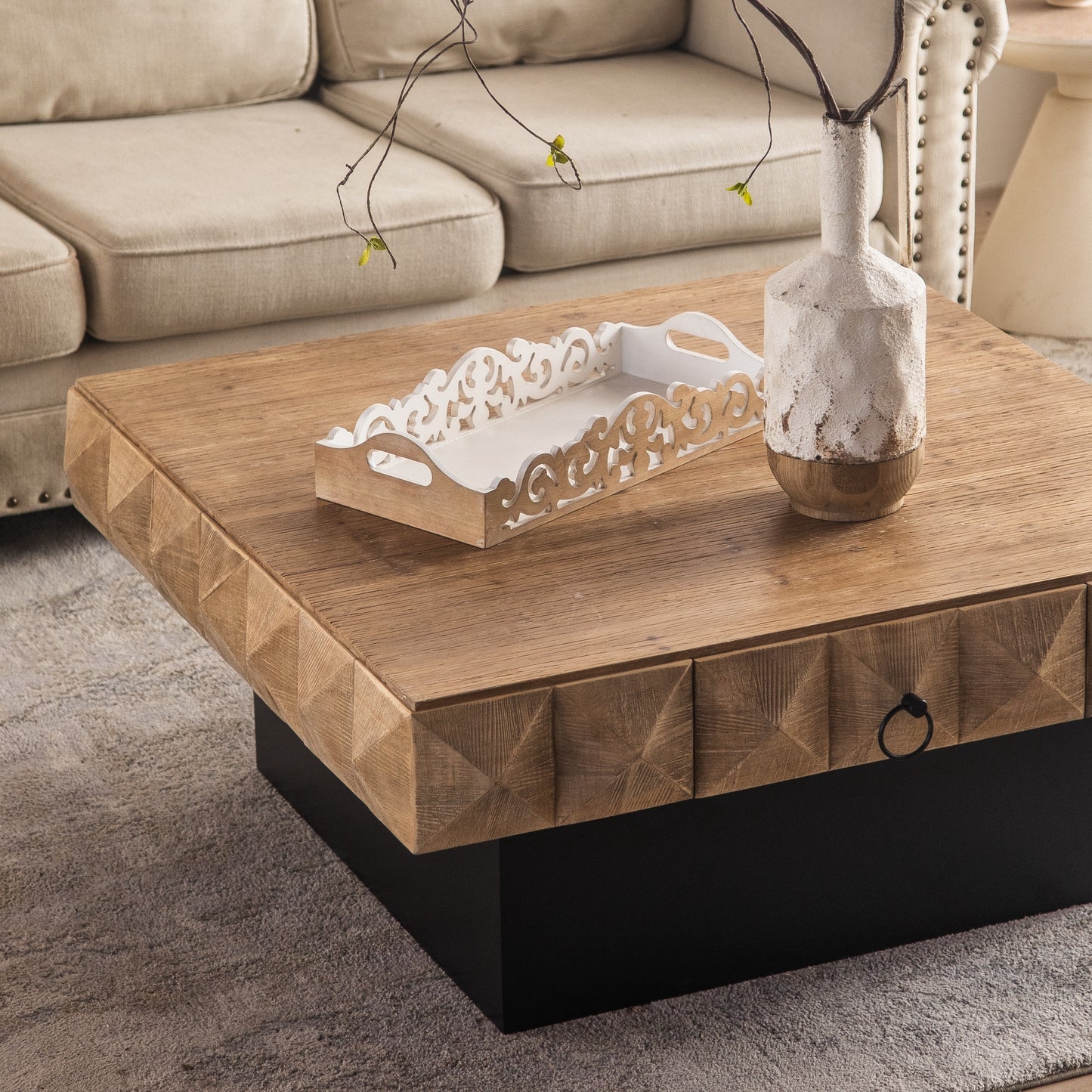 41.33" Three-dimensional Embossed Pattern Square Coffee Table with 2 Drawers and MDF Base - Retro Design, SKU W757102852