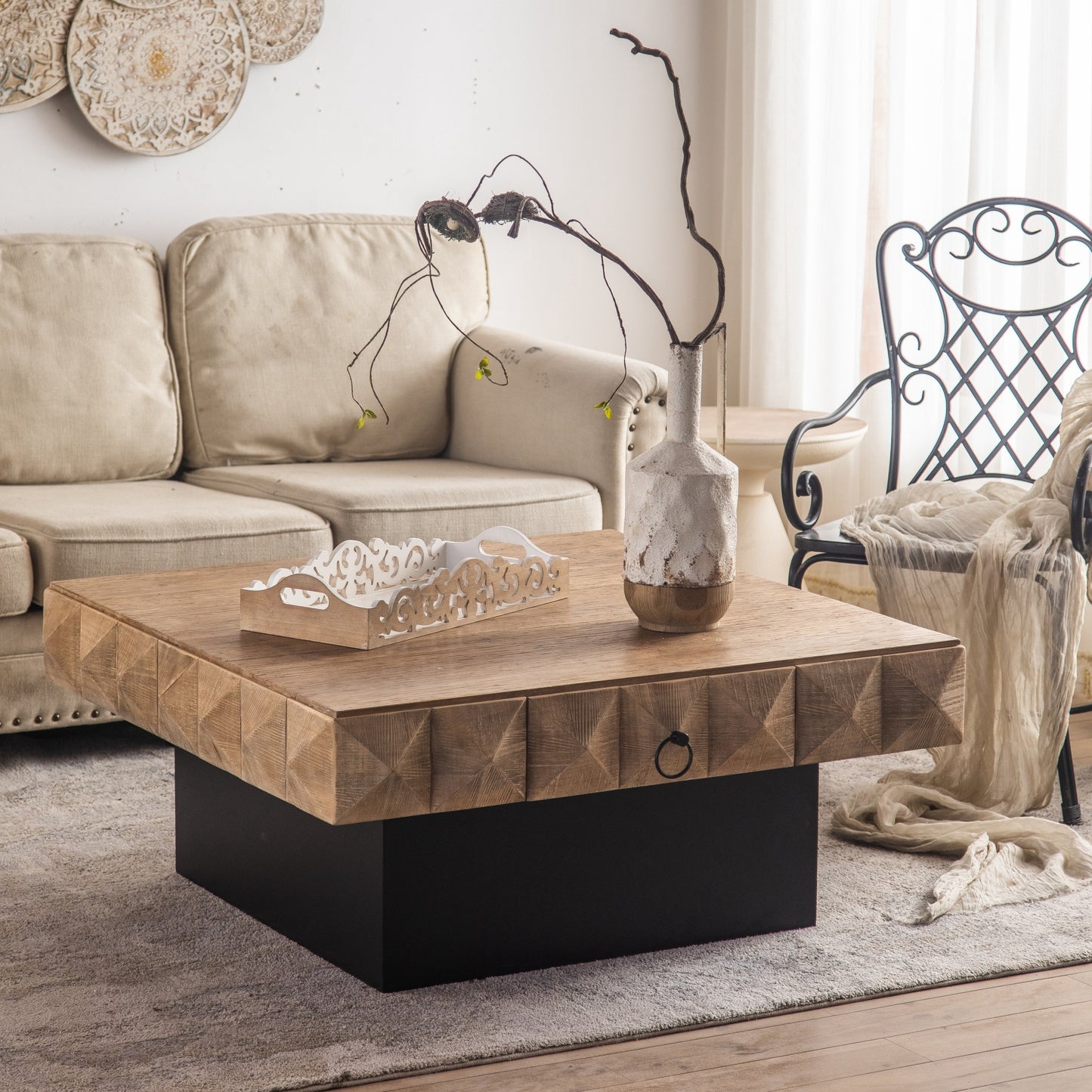 41.33" Three-dimensional Embossed Pattern Square Coffee Table with 2 Drawers and MDF Base - Retro Design, SKU W757102852