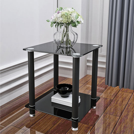 2-Piece Black Side Table: 2-Tier Space End Table, Modern Night Stand with Storage Shelve