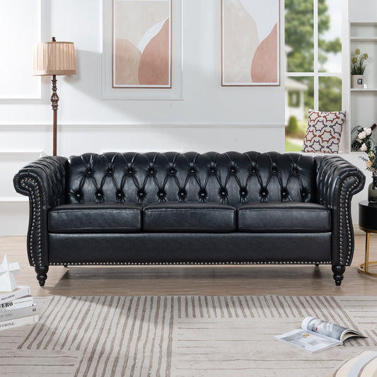 84.65" Three-Seater Sofa with Rolled Arm and Black PU Upholstery: Chesterfield Design