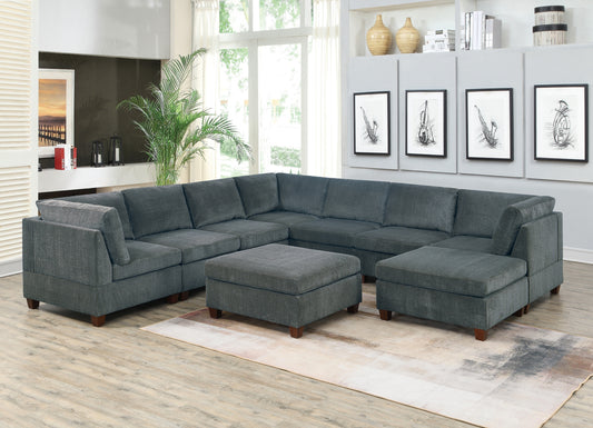 Living Room Furniture Grey Chenille Modular Sectional Set - Large Family U-Sectional Modern Couch 3x Corner Wedge 4x Armless Chairs and 2x Ottoman Plywood