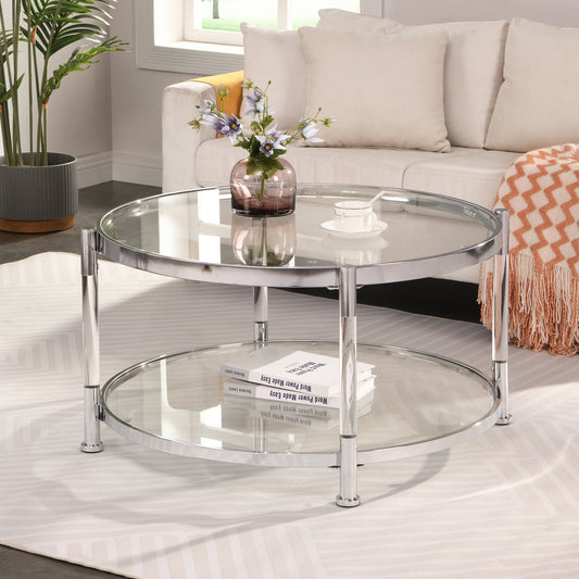 Contemporary Acrylic Coffee Table: 32.3" Round Tempered Glass, Chrome/Silver Finish for Living Room