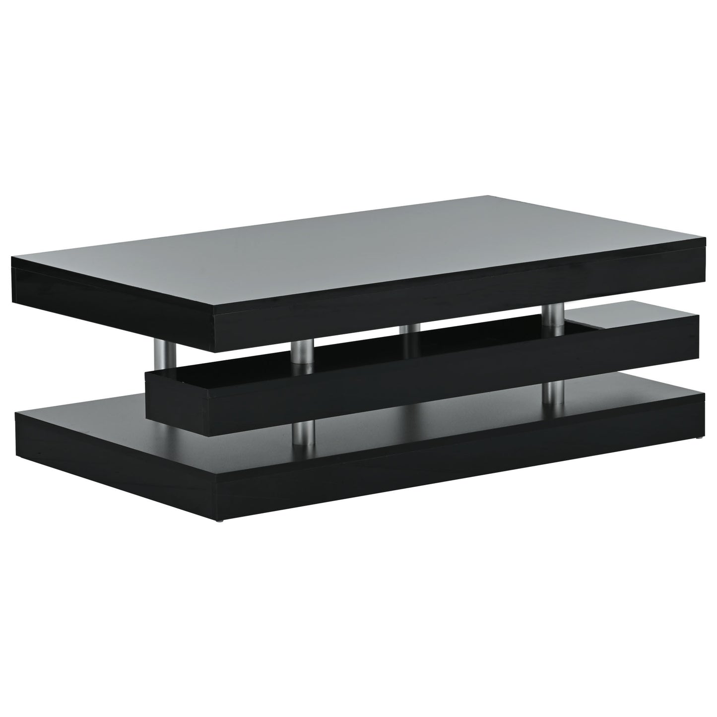 ON-TREND 2-Tier Coffee Table, Silver Metal Legs, High-gloss UV Surface, Minimalist Design, Living Room Center Table, Black Rectangle Cocktail Table