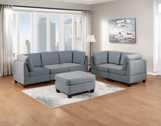 Modular Sofa Set 6pc Living Room Furniture Grey Linen Fabric Corner Wedge, Armless Chair, Ottoman