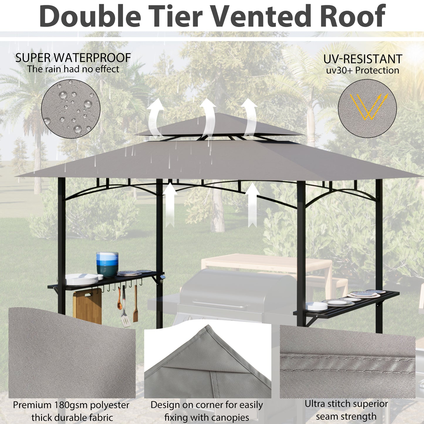 8x 5 FT Grill Gazebo Double Tiered BBQ Canopy, Gray - Outdoor BBQ Canopy for Grilling