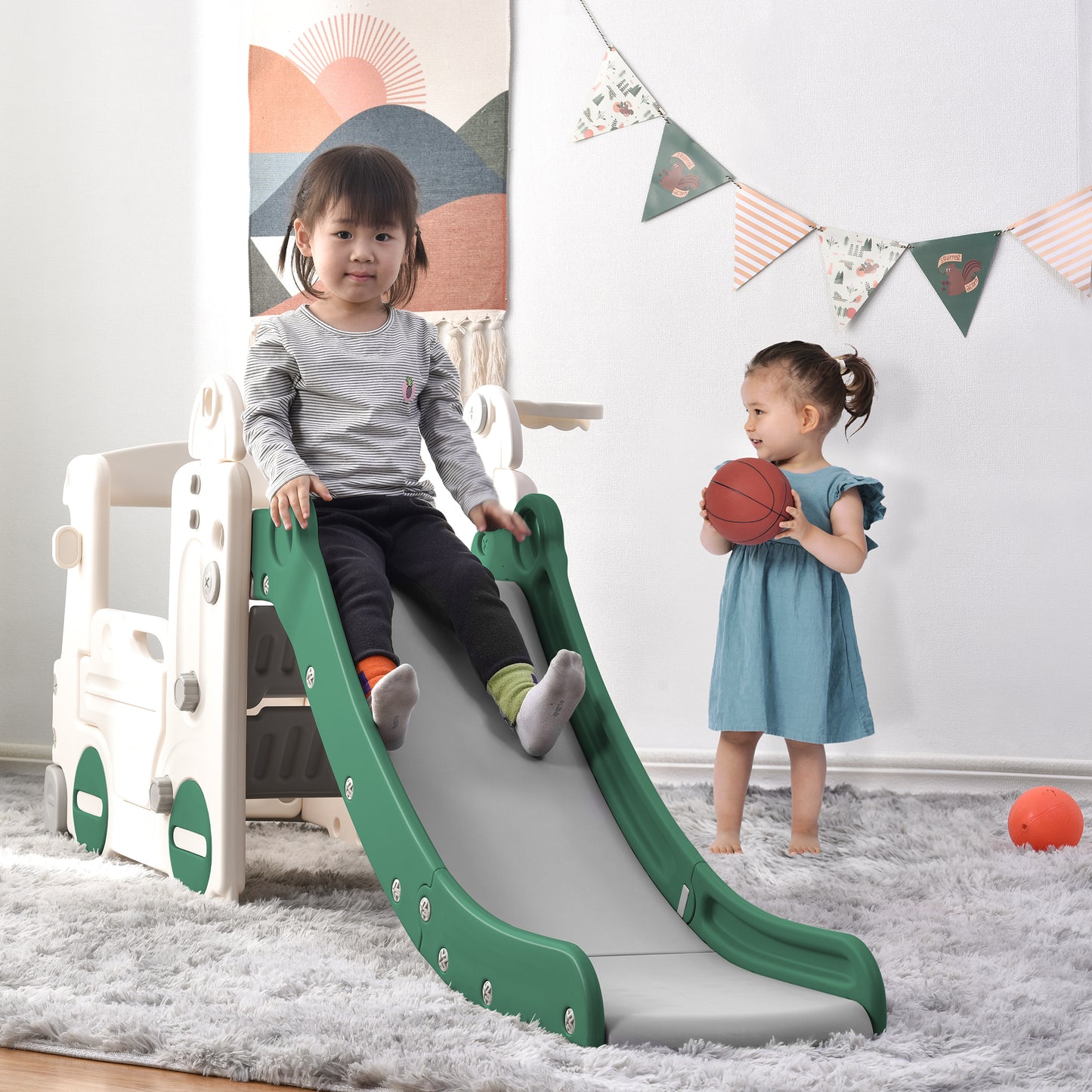 Kids Slide with Bus Play Structure Climber, Freestanding, Basketball Hoop, Slide Set - Ideal for Toddlers, Indoor & Outdoor Fun!