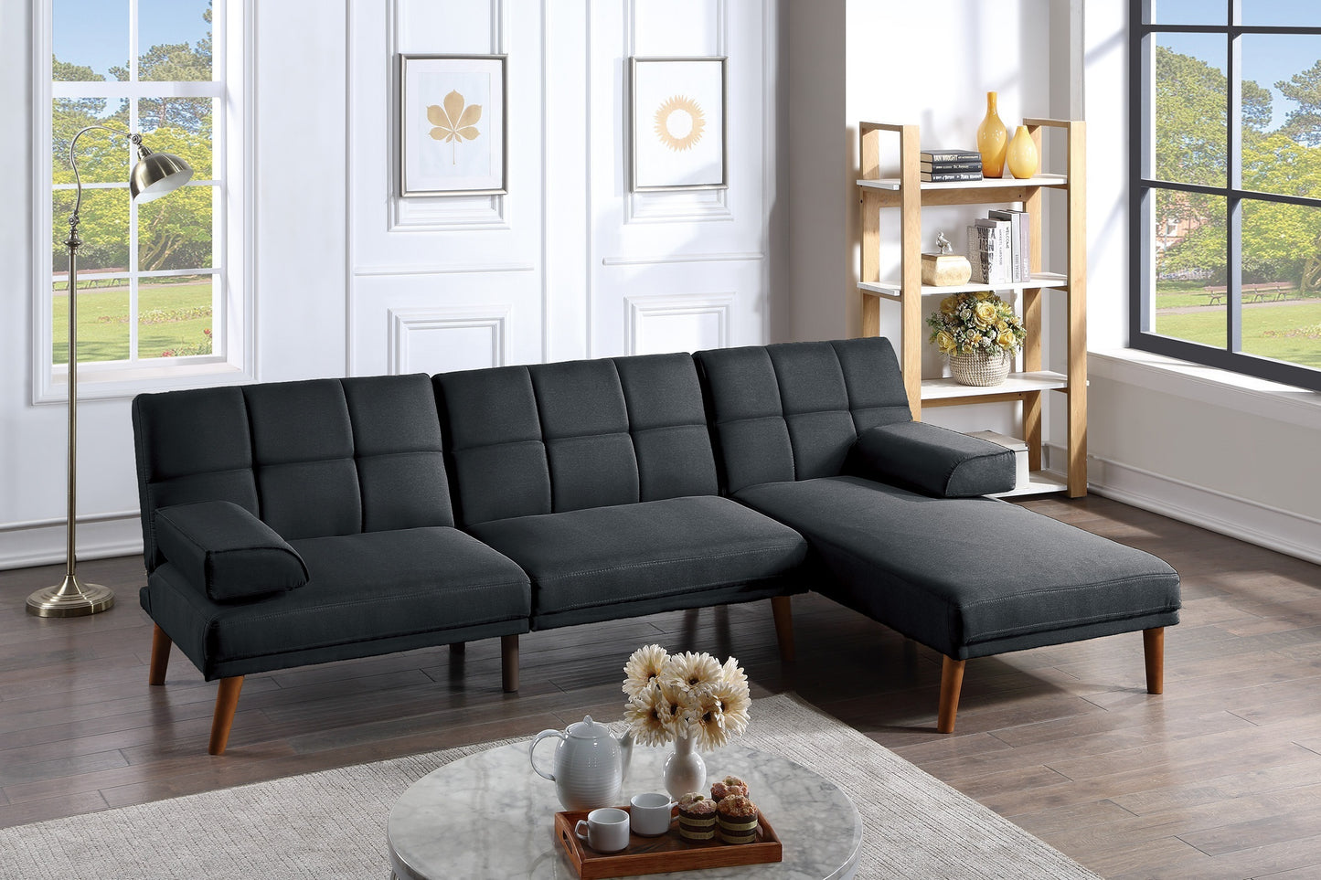 Black Color Polyfiber 2pc Sectional Sofa Set Living Room Furniture Solid Wood Legs Tufted Couch Adjustable Sofa Chaise