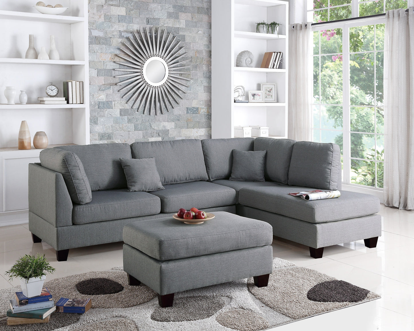 Grey Color 3pcs Sectional Living Room Furniture: Reversible Chaise Sofa, Ottoman, Polyfiber Linen Like Fabric Cushion Couch