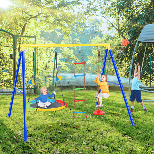 4-in-1 Outdoor Toddler Saucer Swing Set: Steel Frame, Climbing Rope, Disc Tree Swing, Basketball Hoop for Kids - Durable, Fun, and Versatile Play Equipment for Active Children