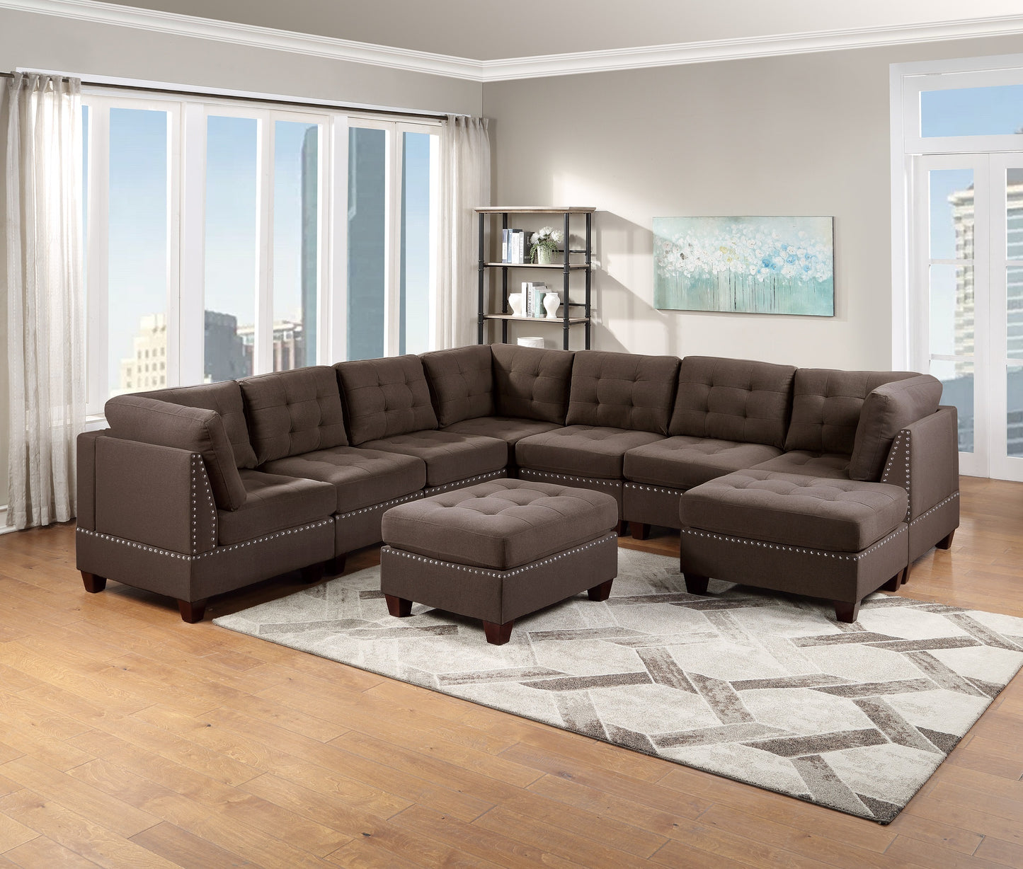 Modular Sectional 9pc Set Living Room Furniture, Corner Sectional with Tufted Nailheads, Black Coffee Linen Like Fabric, 3x Corner Wedge, 4x Armless Chairs, 2x Ottomans