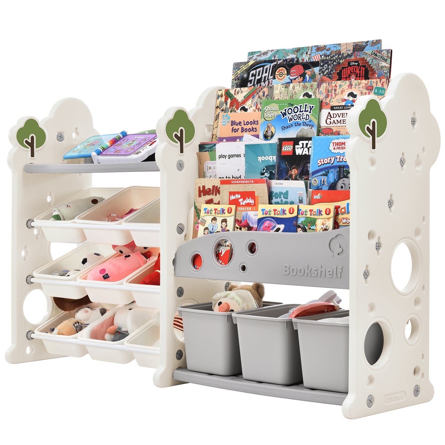 Kids Bookshelf Toy Storage Organizer with 12 Bins and 4 Bookshelves, Multi-functional Nursery Organizer Kids Furniture Set Toy Storage Cabinet Unit with HDPE Shelf (220 letters)