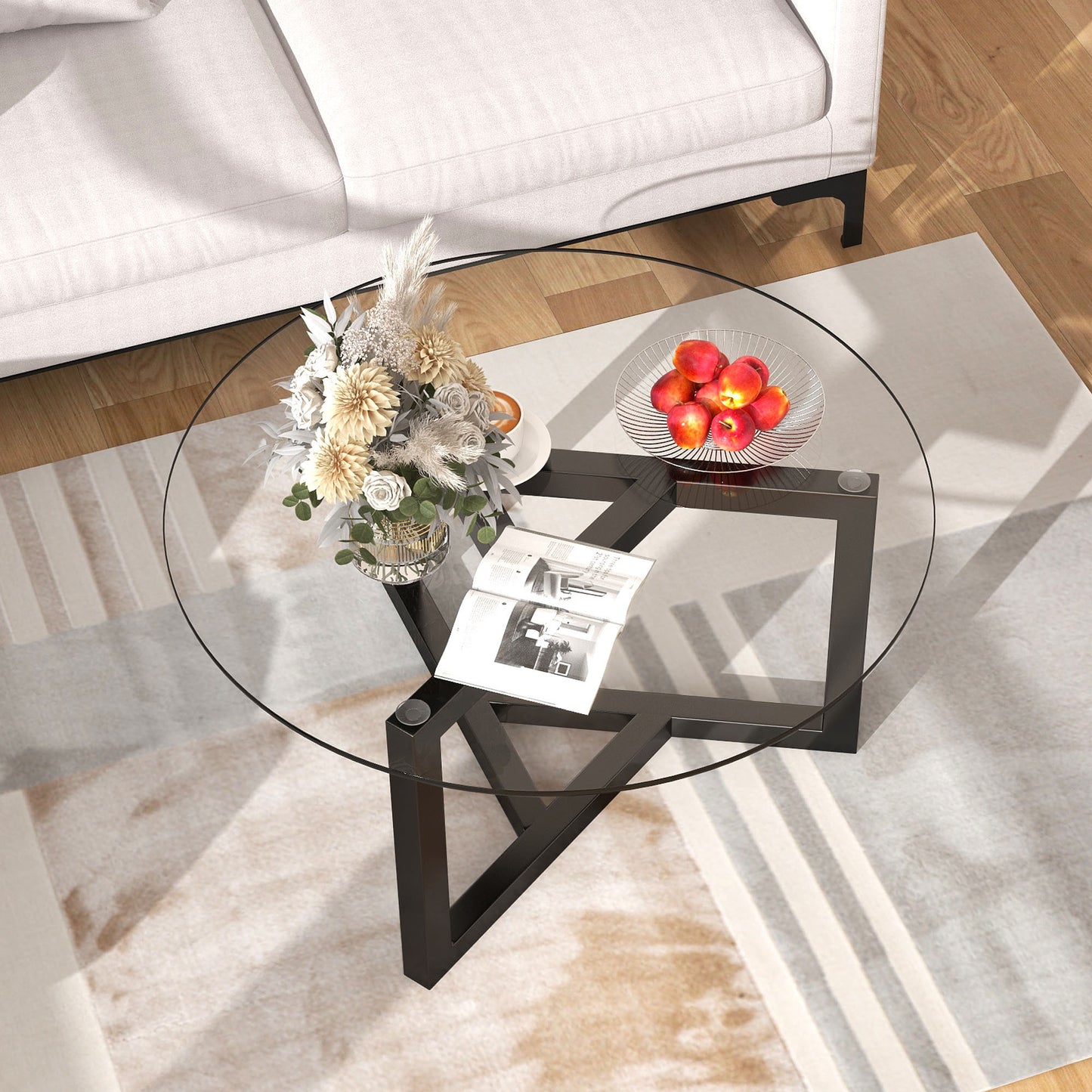 ON-TREND Round Glass Coffee Table, Easy Assembly, Tempered Glass Top, Sturdy Wood Base, Black (Modern Cocktail Table, 220 Letters)