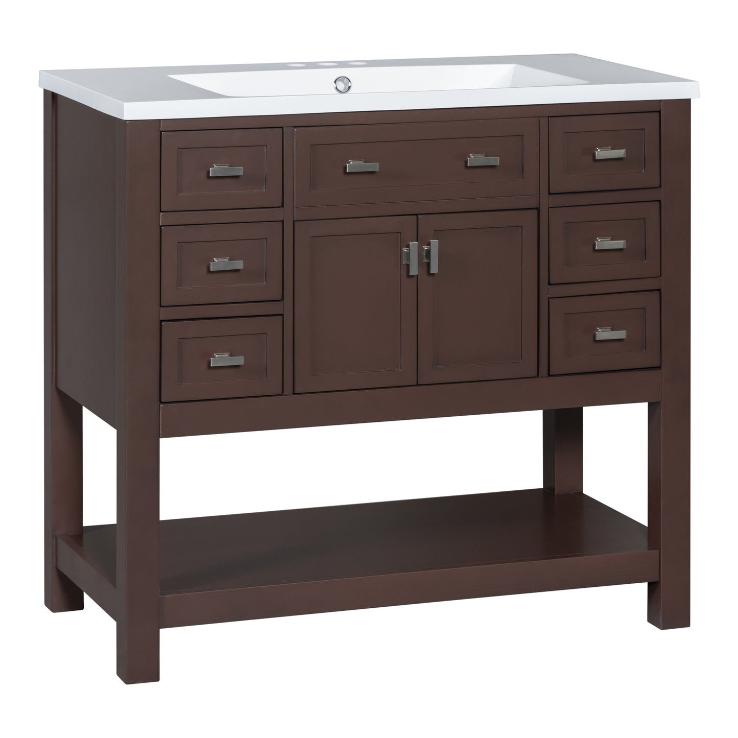 36'' Bathroom Vanity with Top Sink, Modern Storage Cabinet, Soft Closing Doors & 6 Drawers, Brown MDF Material