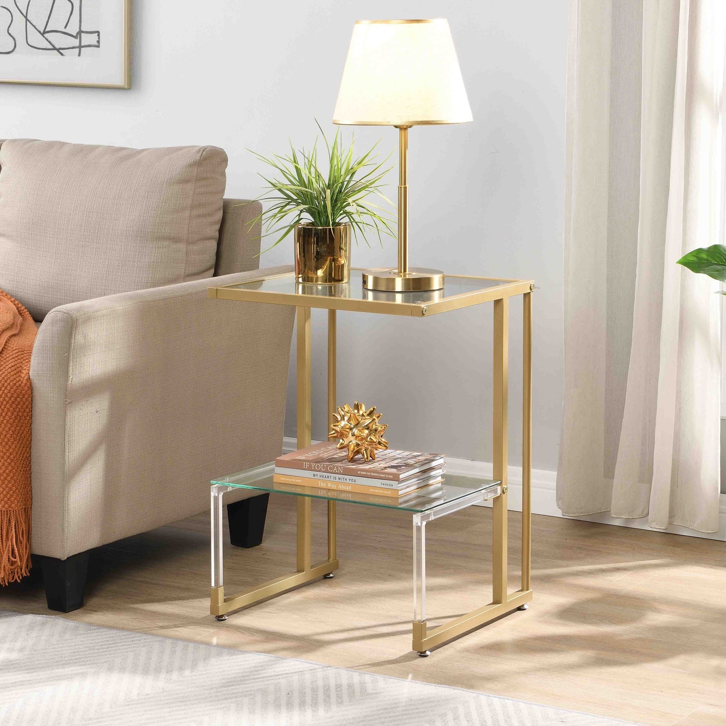 2-Tier Acrylic Glass End Table for Living Room&Bedroom - Stylish and Functional Side Table with Golden Finish, Perfect for Any Décor