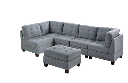 Contemporary Modular Sectional 6pc Set: Gray Linen-Like Fabric, Tufted, Nail Heads, 2x Corner Wedge, 3x Armless Chair, 1x Ottoman