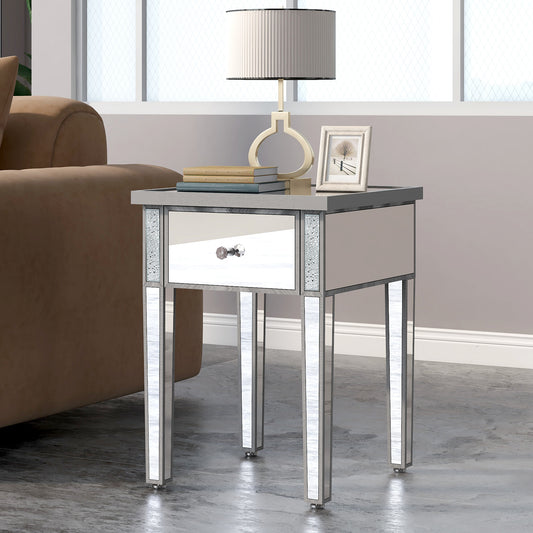 ON-TREND Modern Glass Mirrored End Table with Drawer, Crystal Handles, Adjustable Height Legs - Silver