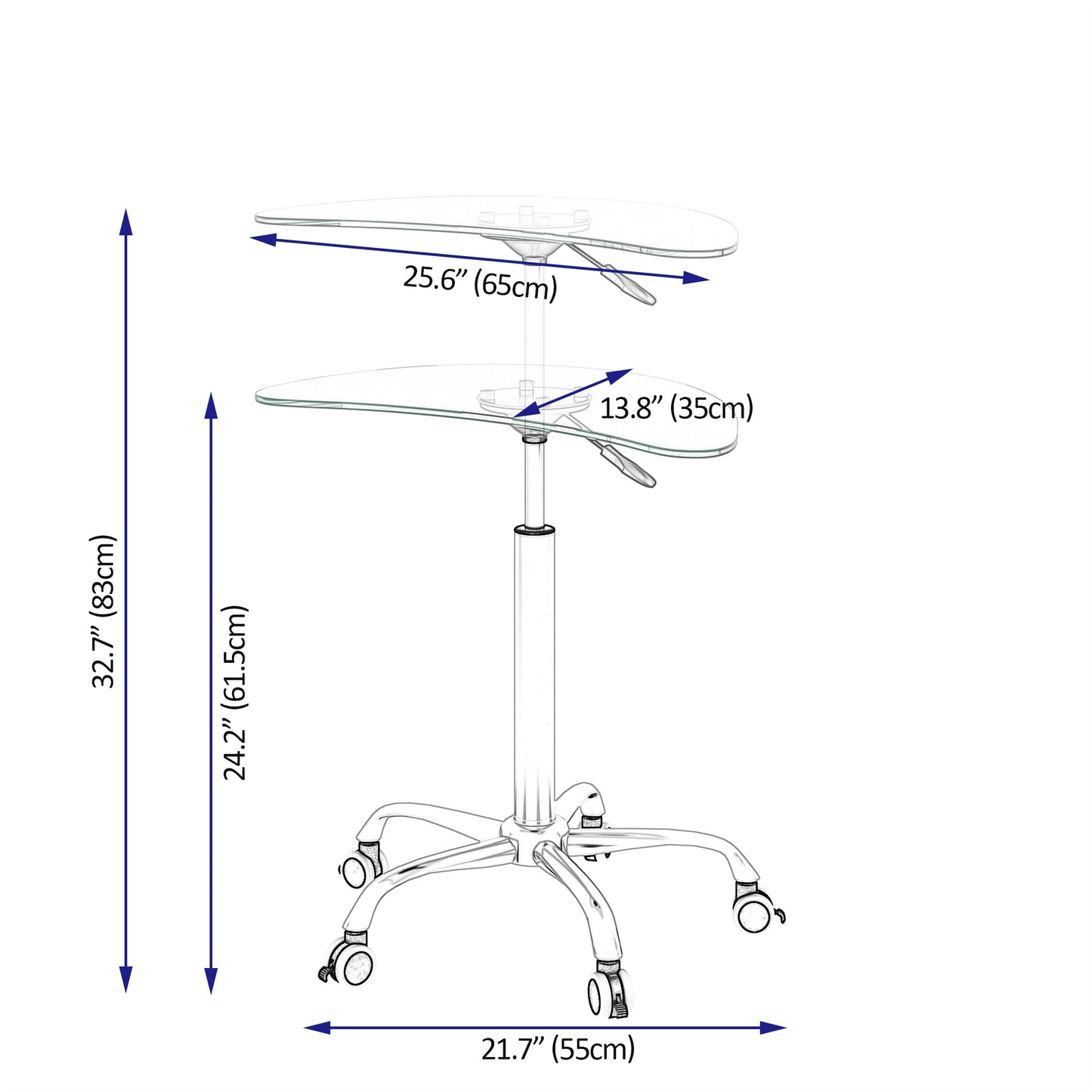 Adjustable Height Tempered Glass Table Desk with Lockable Wheels | Transparent | Size Range: 24.2" ~ 32.7"