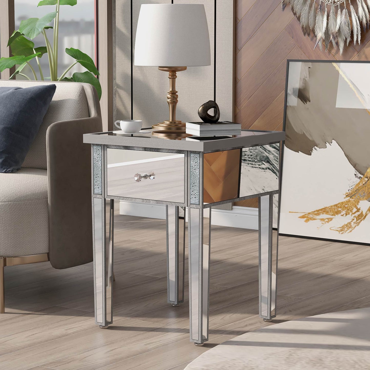 ON-TREND Modern Glass Mirrored End Table with Drawer, Crystal Handles, Adjustable Height Legs - Silver