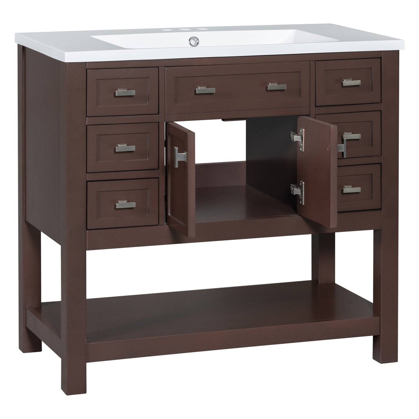 36'' Bathroom Vanity with Top Sink, Modern Storage Cabinet, Soft Closing Doors & 6 Drawers, Brown MDF Material