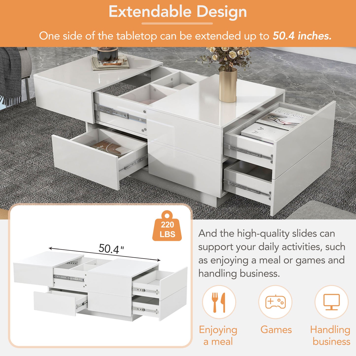 ON-TREND Extendable Coffee Table with 4 Drawers, Hidden Storage, UV High-gloss, Sliding Top - White, 35.4"x 23.6"