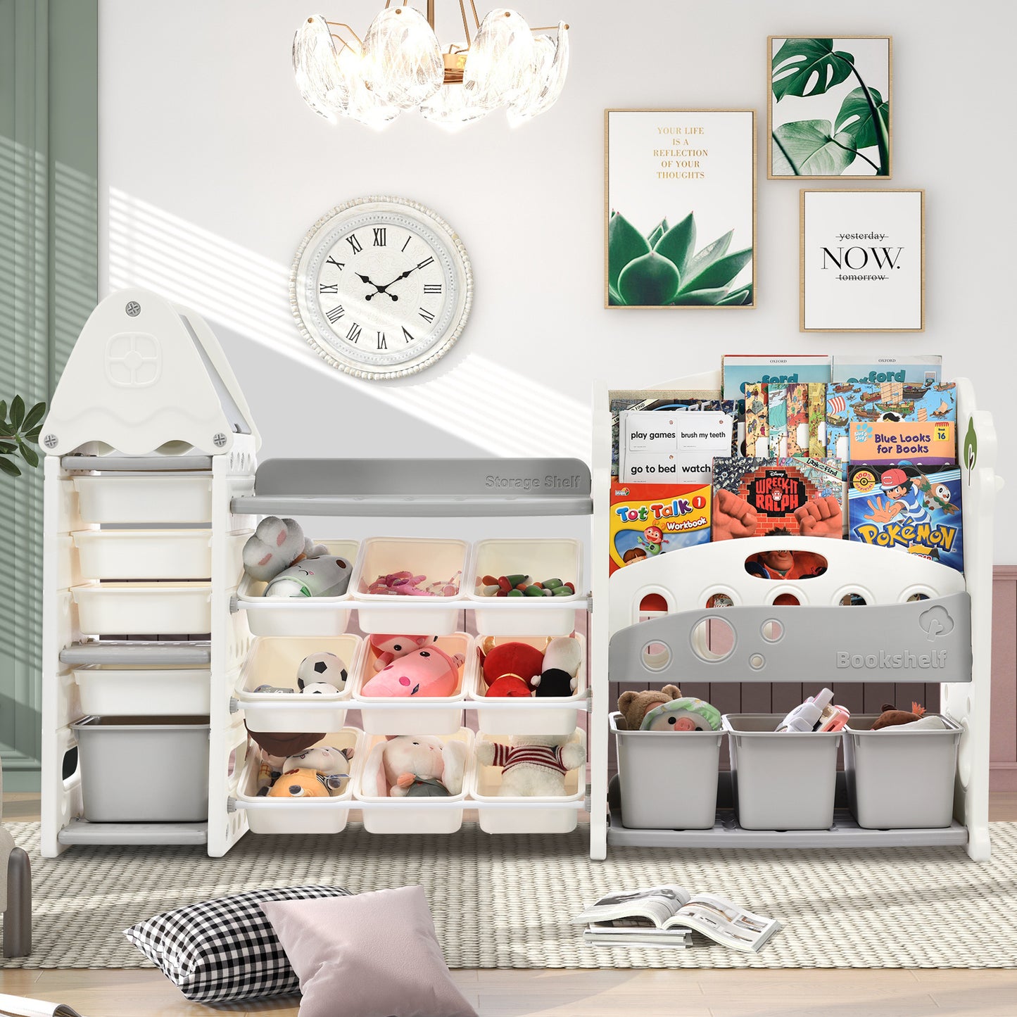 "Kids Bookshelf Toy Storage Organizer with 17 Bins and 4 Bookshelves - Multi-functional Nursery Organizer for Kids Furniture Set - Toy Storage Cabinet Unit with HDPE Shelf and Bins"