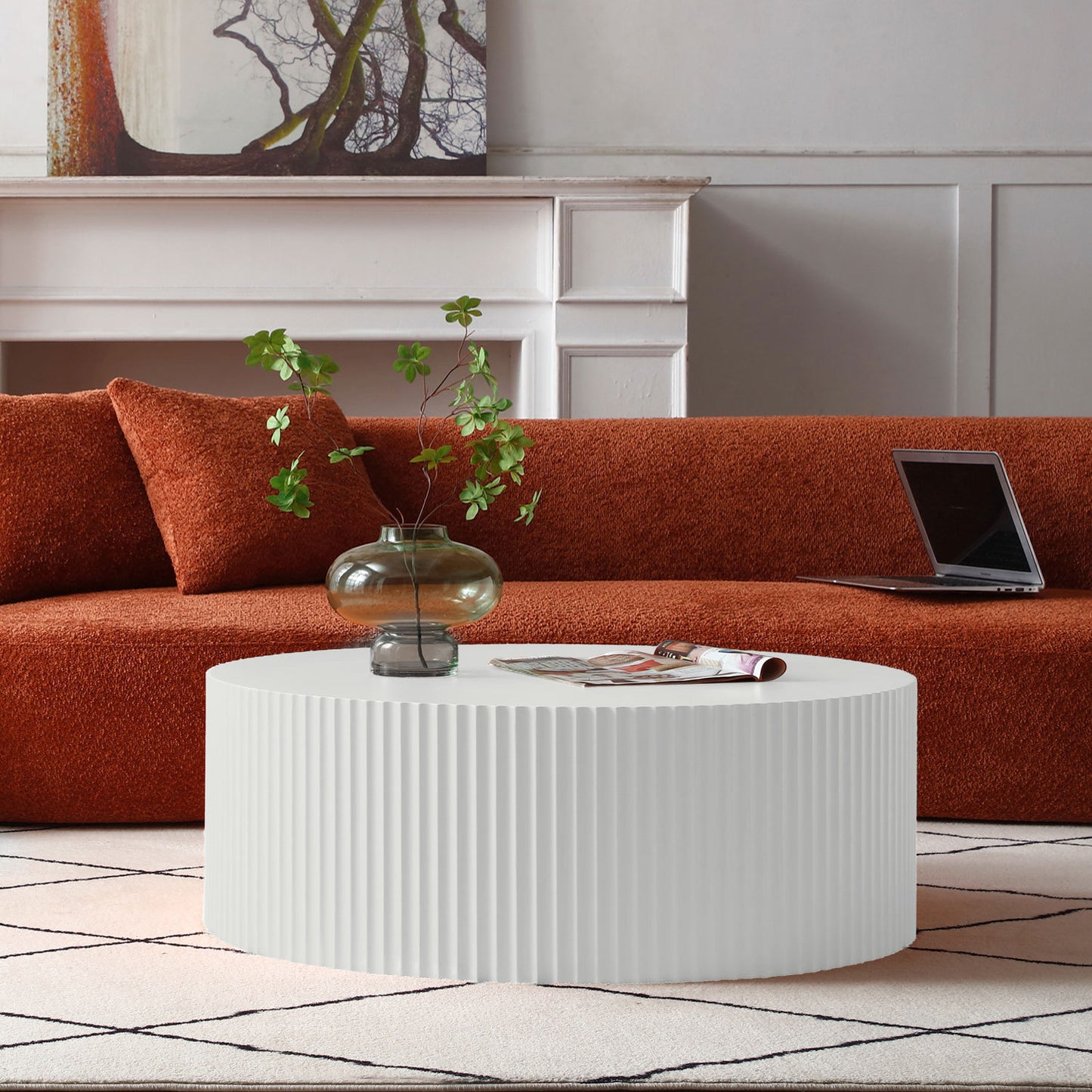 Contemporary Round Coffee Table, Handcrafted Relief, φ35.43", White