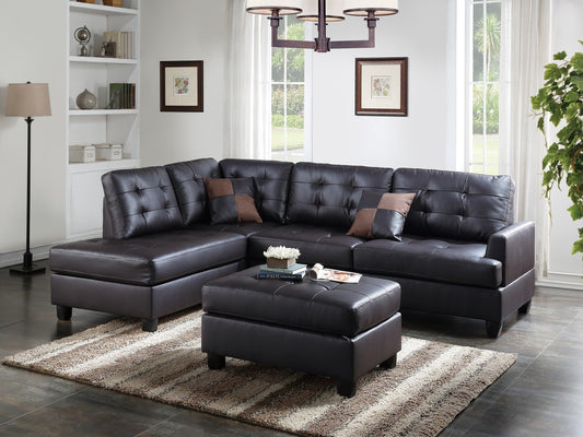 Contemporary Sectional Sofa: Espresso Faux Leather, Cushion Tufted, Reversible, 3pc, L/R Chaise, Ottoman, Living Room Furniture