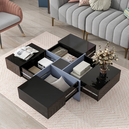 ON-TREND Unique Design Coffee Table with 4 Hidden Storage Compartments, Extendable Sliding Tabletop, UV High-gloss Center Table for Living Room, 31.5"x 31.5"