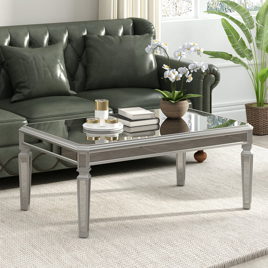 Sleek Glass Mirrored Coffee Table with Adjustable Legs, Easy Assembly Cocktail Table, Sturdy Design, Luxury Contemporary Center Table for Living Room (Silver)