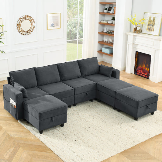 Sectional Modular Sofa, 7 Storage Seat Sofa Bed Couch for Living Room, Dark Gray Corduroy Velvet, Spring Cushions