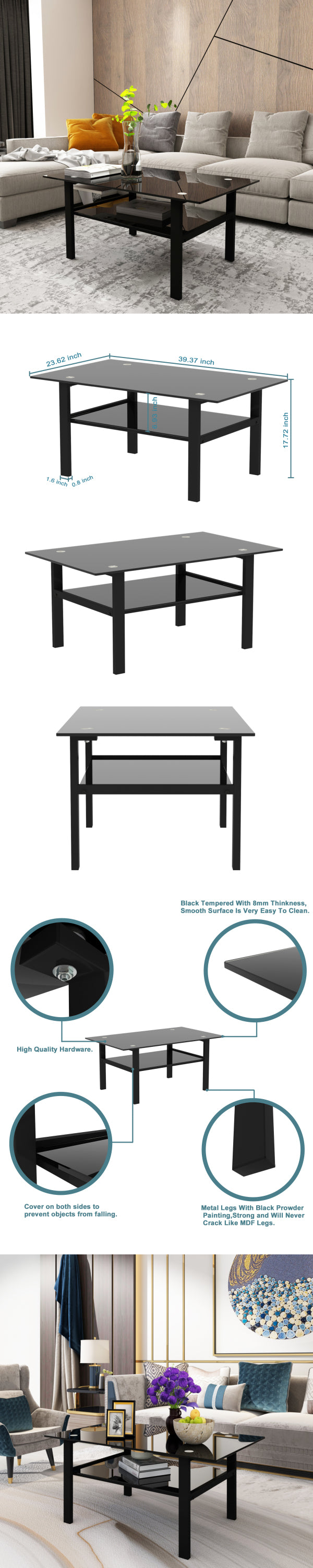 Black Glass Coffee Table - Modern and Simple Living Room Side Table - Sleek and Stylish Design - Available in Black - Perfect for Contemporary Décor - Size Options Available