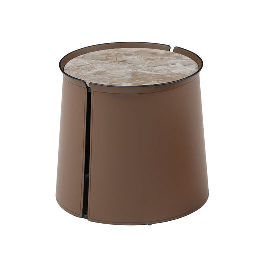 Luxe Saddle Leather Coffee Table with Brown Marble Top - Iron Art Side Table for Elegant Décor