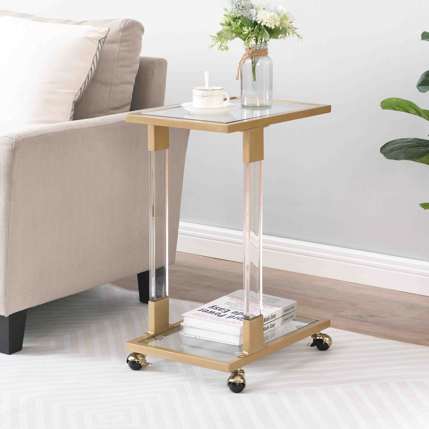 Golden Side Table, Acrylic Sofa Table, Glass Top C Shape Square Table with Metal Base for Living Room, Bedroom, Balcony Home and Office