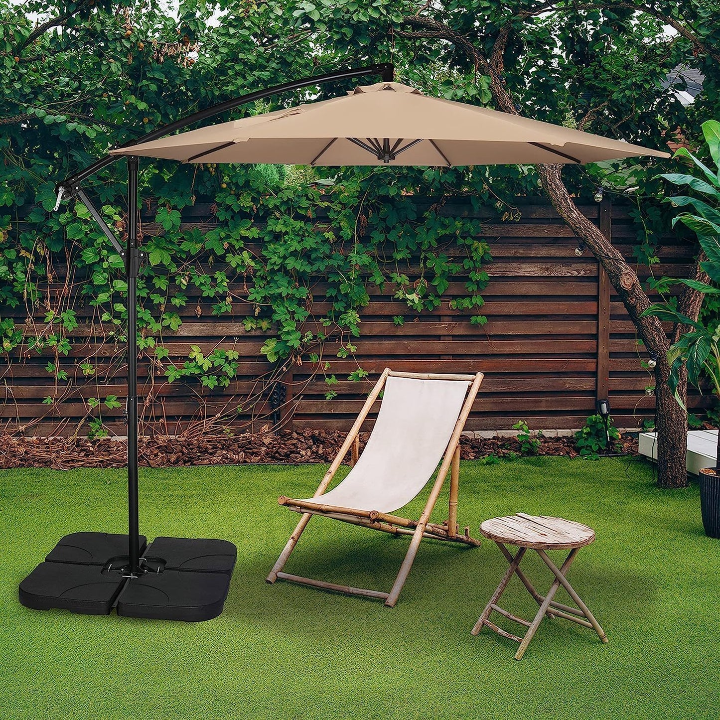 10ft Offset Umbrella Cantilever Patio Hanging Umbrella Outdoor Market with Crank & Cross Base - Ideal for Garden, Lawn, Backyard, and Deck - Tan Color