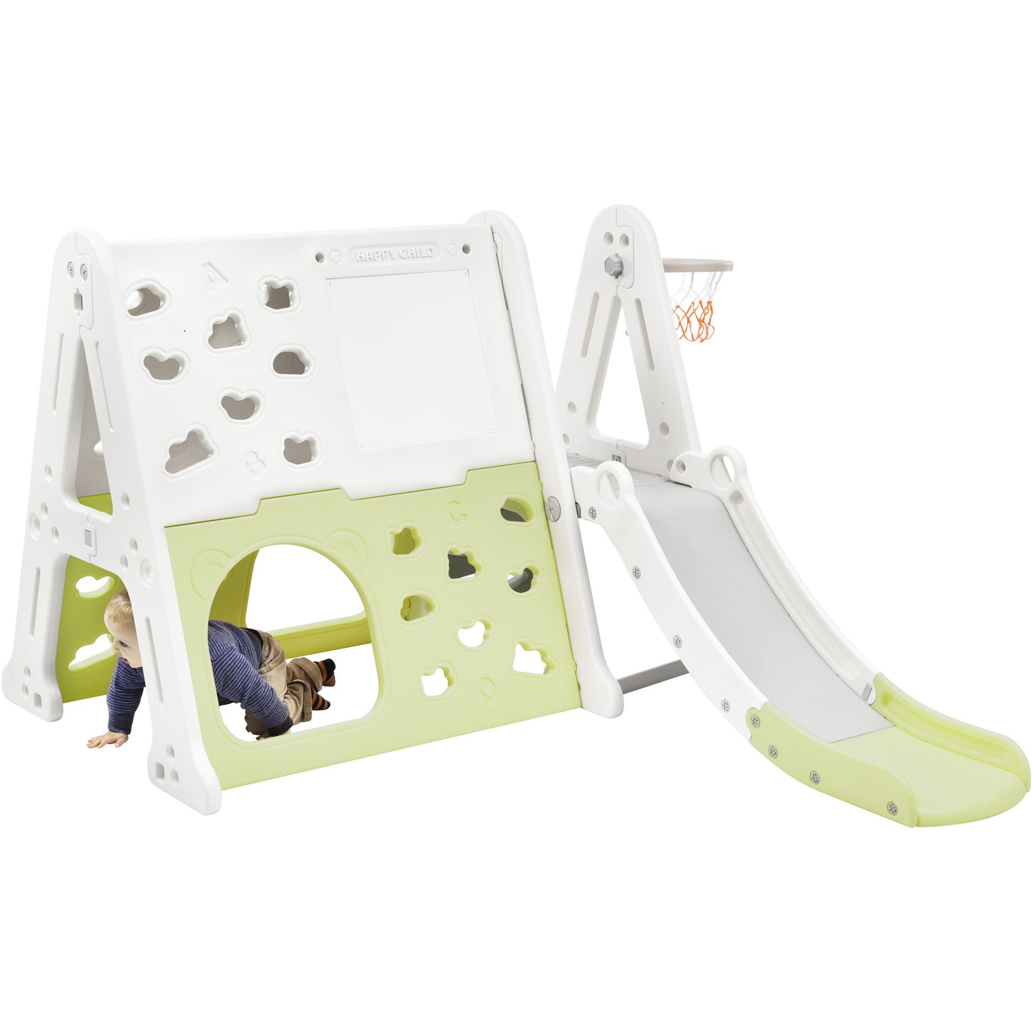 7-in-1 Toddler Climber and Slide Set: Playground Climber Slide Playset with Tunnel, Climber, Whiteboard, Toy Building Block Baseplates, Basketball Hoop Combination for Babies - White, Compact Size